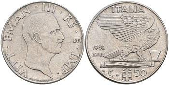 ИТАЛИЯ 50 ЧЕНТЕЗИМО 1940 R, ГОД XVIII, ВИКТОР ЭММАНУИЛ III (1900-1946), МАГНИТНАЯ, ГУРТ РИФЛЁНЫЙ KM 76b, VEM3. 1061 нержавеющая сталь 3853-314