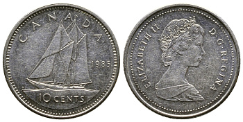 КАНАДА 10 ЦЕНТОВ 1985 ПАРУСНИК, ЕЛИЗАВЕТА II KM 77.2 никель 179-658
