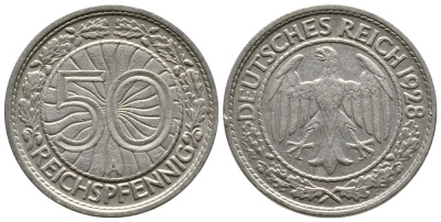 Германия 50 рейхспфеннигов 1928 A KM 49, J. 324 никель 4380-354