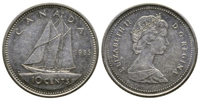 КАНАДА 10 ЦЕНТОВ 1985 ПАРУСНИК, ЕЛИЗАВЕТА II KM 77.2 никель 179-658