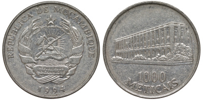 Мозамбик 1000 метикалей 1994 KM 122 никелированная сталь 4162-723