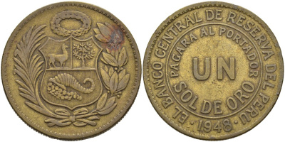 Перу 1 соль 1948 KM 222 латунь 4565-516