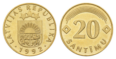 Латвия 20 сантимов 1992 KM 22.1 никель латунь UNC 4679-316