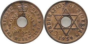 Нигерия 1 пенни 1959 Елизавета II (1952-), Британский протекторат KM 2 бронза 51-2343