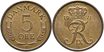 ДАНИЯ 5 ЭРЕ 1971 C; S, ФРЕДЕРИК IX (1947-1972) KM 848.1 бронза 28-1056