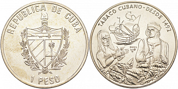 КУБА 1 ПЕСО 2005 500 ЛЕТ КУБИНСКОМУ ТАБАКУ KM 924 медно-никель UNC 1526-141 M8-12