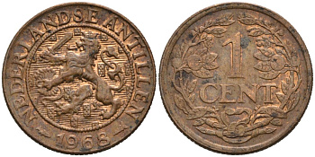 Нидерландские Антилы 1 цент 1968 Юлиана (1948-1980) KM 1 бронза 4564-535