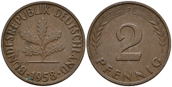 ФРГ 2 пфеннига 1958 F J.381  KM 106 бронза    4598-648