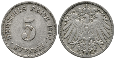 ГЕРМАНИЯ 5 ПФЕННИГОВ 1904 J KM 11, J. 12 медно-никель 39-813