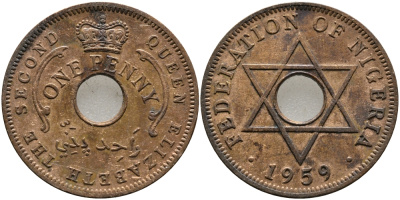 Нигерия 1 пенни 1959 Елизавета II (1952-), Британский протекторат KM 2 бронза 51-2343