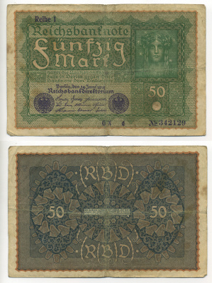 ГЕРМАНИЯ 50 МАРОК 1919 24 ИЮНЯ 1919, REIHE I, СЕРИЯ GN, ВЫПУСК С НОЯБРЯ 1919 ГОДА Pick 66, Rosenberg 62аd бумага 6317-3-3