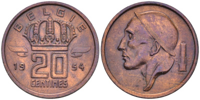 Бельгия 20 сантимов 1954 Belgie, Бодуэн I (1951-1993) KM 147.1 бронза 4594-353