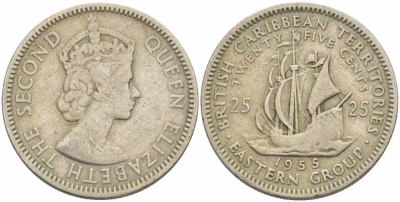 Британские Восточно-Карибские территории 25 центов 1955 Елизавета II (1952-2022), парусник KM 6 медно-никель 108-1124
