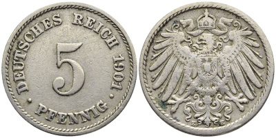 ГЕРМАНИЯ 5 ПФЕННИГОВ 1901 E KM 11, Jager 12, Weege 6 медно-никель 4547-418