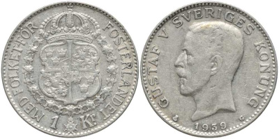Швеция 1 крона 1939 G, Густав V (1907-1950) КМ 786.2 серебро 202-527
