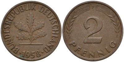 ФРГ 2 пфеннига 1958 F J.381  KM 106 бронза    4598-648