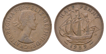 Великобритания 1/2 пенни 1959 Елизавета II (1952-2022) KM 896, Spink 4158 бронза 4662-1154