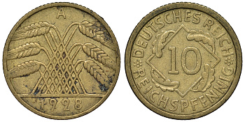 Германия 10 рейхспфеннигов 1928 A KM 40, J. 317 алюминиевая бронза 4121-917