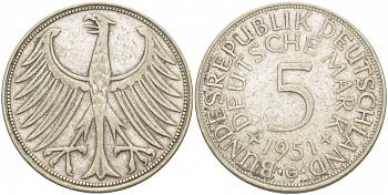 ФРГ 5 марок 1951 G, KM 112.1 серебро 115-832