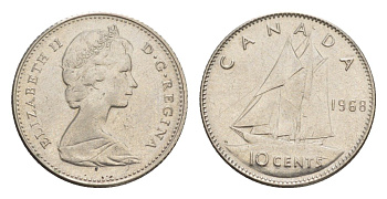 Канада 10 центов 1968 Елизавета II (1952-2022), парусник KM 73 никель 4639-619