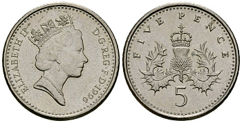 Великобритания 5 пенсов 1996 Елизавета II (1952-2022) KM 937b, Spink 4372 (D4) медно-никель 4173-758