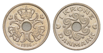 Дания 1 крона 1996 редкий год KM 873 медно-никель aUNC 4632-442
