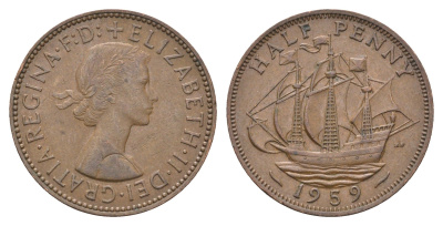 Великобритания 1/2 пенни 1959 Елизавета II (1952-2022) KM 896, Spink 4158 бронза 4662-1154