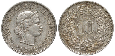 Швейцария 10 раппенов 1962 KM 27 медно-никель 4174-137