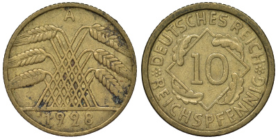 Германия 10 рейхспфеннигов 1928 A KM 40, J. 317 алюминиевая бронза 4121-917