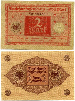 ГЕРМАНИЯ 2 МАРКИ 1920 1 МАРТА 1920, ВЕЙМАРСКАЯ РЕСПУБЛИКА, КРАСНАЯ, СЕРИЯ 50 Pick 59, Rosenberg 65b бумага 7523-1-1-2