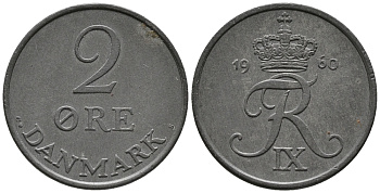 Дания 2 эре 1960 C; S, Фредерик IX (1947-1972) KM 840.2 цинк 67-155