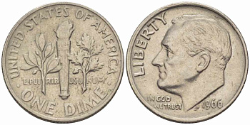 США 10 ЦЕНТОВ = 1 ДАЙМ 1966 РУЗВЕЛЬТ KM 195а медь плакированная медно-никелем 105-655