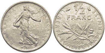 Франция 1/2 франка 1965 сеятель KM 931, Le Franc 198.3 никель 175-926