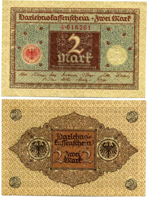 ГЕРМАНИЯ 2 МАРКИ 1920 1 МАРТА 1920, ВЕЙМАРСКАЯ РЕСПУБЛИКА, КОРИЧНЕВАЯ, СЕРИЯ 4 Pick 60, Rosenberg 65a бумага 7547-89-4