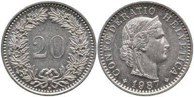ШВЕЙЦАРИЯ 20 РАППЕНОВ 1987 В KM 29а медно-никель 4539-637