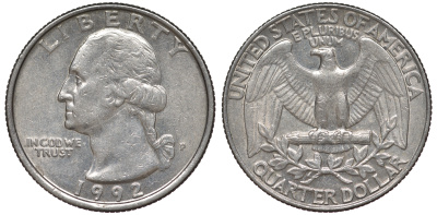 США 25 центов (квотер) 1992 P, Вашингтон KM A164a медь плакированная медно-никелем 4543-1246