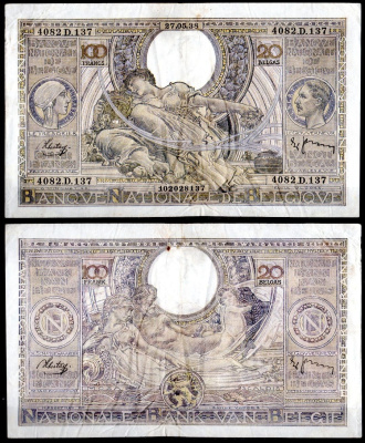 Бельгия 100 франков 1938 Pick 107 (3) бумага 7457-33-2-1