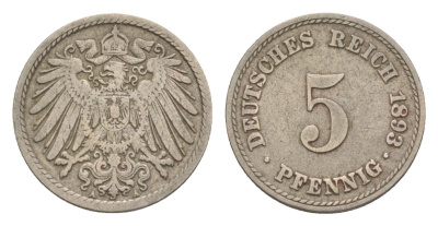 Германия 5 пфеннигов 1893 A, Вильгельм II (1888-1918) KM 11, J. 12 медно-никель 4639-1259