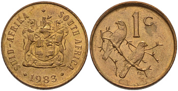 ЮАР 1 цент 1983 герб, капские воробьи KM 82 бронза UNC 66-263