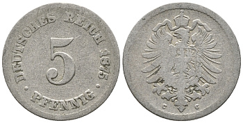 Германия 5 пфеннигов 1875 C, старогербовка KM 3, Jager 3, Weege 5 медно-никель 39-351
