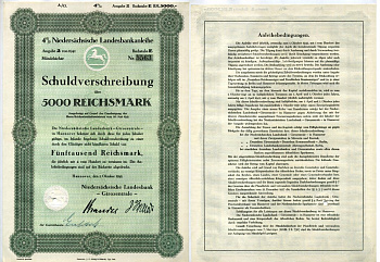 Германия облигация в 5000 рейхсмарок 1941 4% Niedersachsische Landesbankanleihe. Schuldverschreibung. Банки.   бумага  aUNC 510-6-1