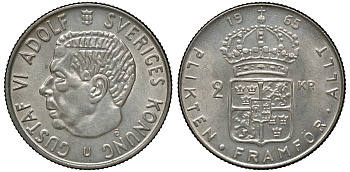 Швеция 2 кроны 1965 U, Густав VI Адольф (1950-1973) KM 827 серебро 4179-1342