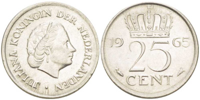 Нидерланды 25 центов 1965 Юлиана (1949-1980) KM 183 никель 214-941