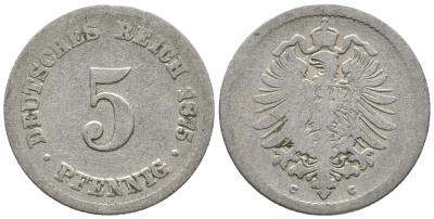 Германия 5 пфеннигов 1875 C, старогербовка KM 3, Jager 3, Weege 5 медно-никель 39-351