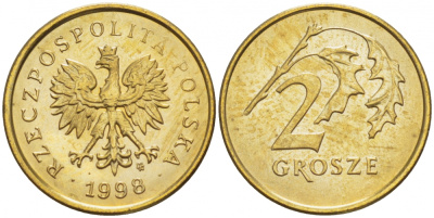 Польша 2 гроша 1998 MW KM 277, Parchimowicz 702e латунь UNC 4516-1135
