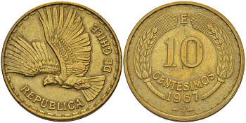 Чили 10 сентесимо 1967 Е KM 191 алюминиевая бронза 180-726