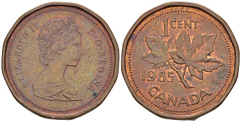 Канада 1 цент 1985 Елизавета II (1952-2022), кленовый лист KM 132 бронза 54-939