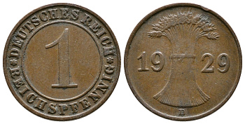 ГЕРМАНИЯ 1 РЕЙХСПФЕННИГ 1929 D KM 37, J. 313 бронза 4380-1164
