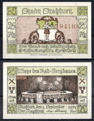 Штасфурт (Пруссия, Саксония) 25 пфеннигов 1921 Mehl Grabowski 1256.2c-3/6 бумага UNC (пресс) 7556-68-3-1