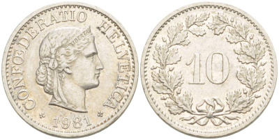Швейцария 10 раппенов 1981 KM 27 медно-никель 4529-652